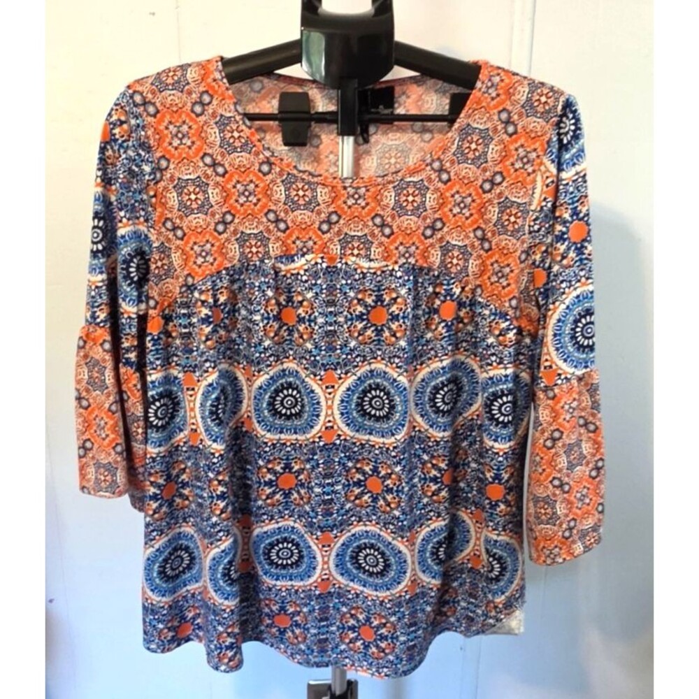New Directions Blue Orange Blouse Shirt Top Size Petite Large PL